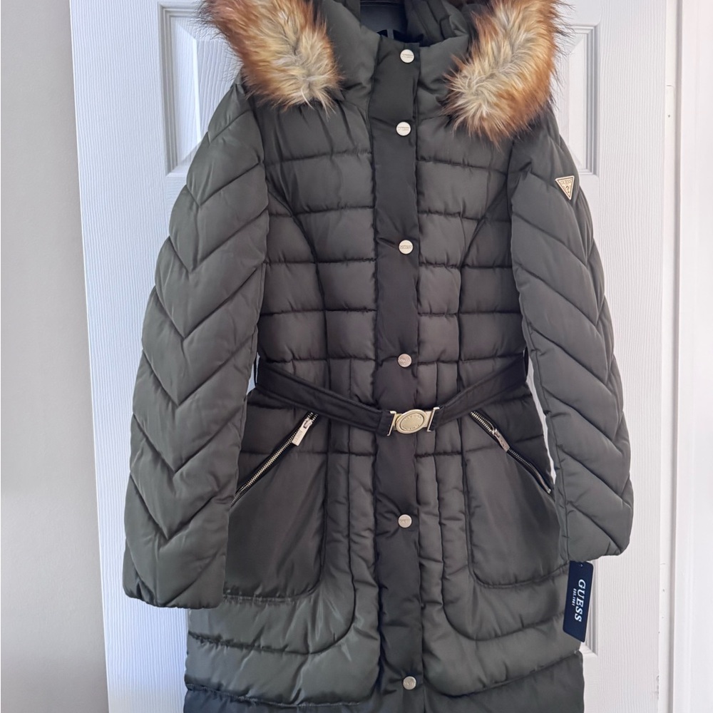 Guess Women’s Winter Olive Green Long Puffer Coat with Faux Fur Hood Size S
